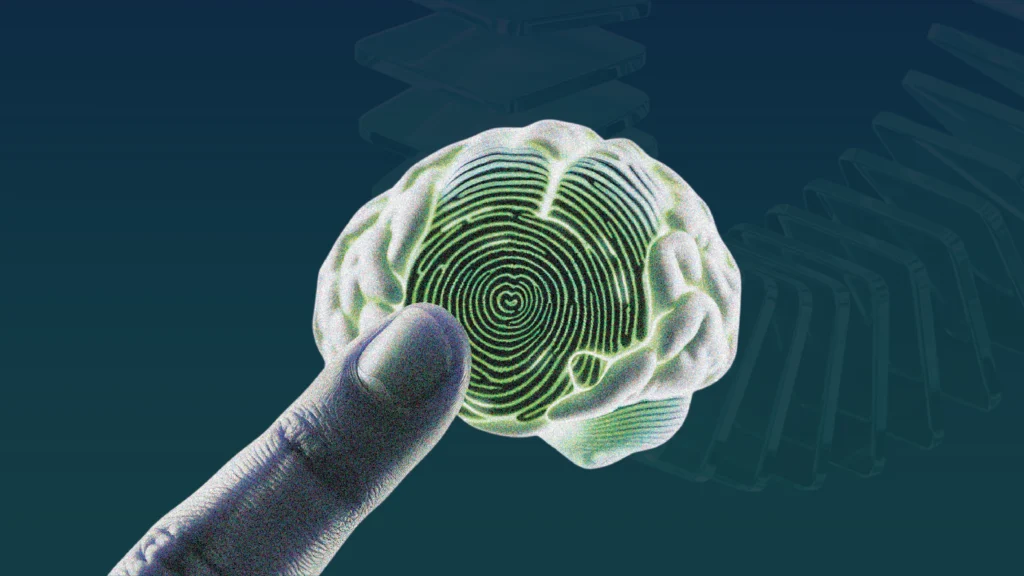 Fingerprint embedded within a human brain illustration, symbolizing AI-driven identity intelligence, behavioral analytics, and risk detection in financial systems.