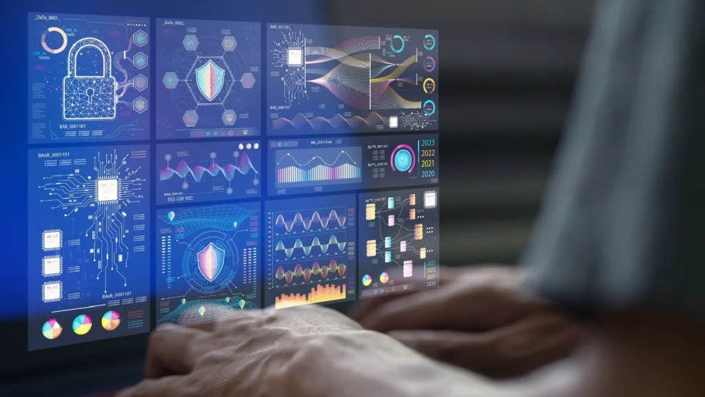 Digital dashboard displaying cybersecurity analytics, data visualizations, and risk monitoring metrics on a computer screen.