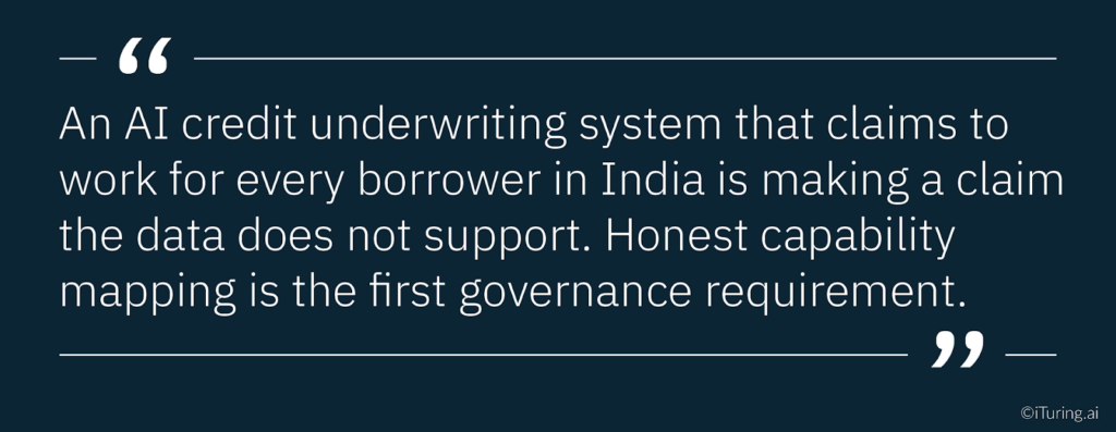 Quote stating that AI credit underwriting systems claiming to work for every borrower in India are not supported by data, emphasizing that honest capability mapping is a core governance requirement.