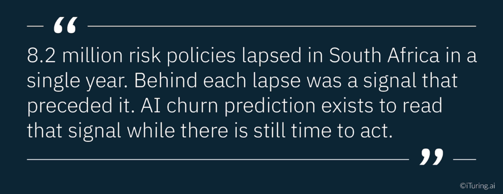 Quote highlighting that 8.2 million risk policies lapsed in South Africa in one year, emphasizing that AI churn prediction can identify early warning signals before lapse occurs.
