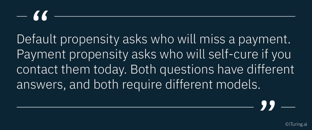 Quote highlighting the difference between default propensity and payment propensity, emphasizing that each requires distinct models and answers different questions.