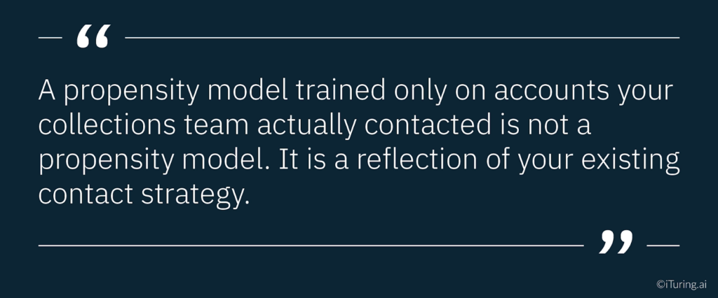 Quote stating that a propensity model trained only on contacted accounts reflects existing contact strategy rather than true customer behavior.