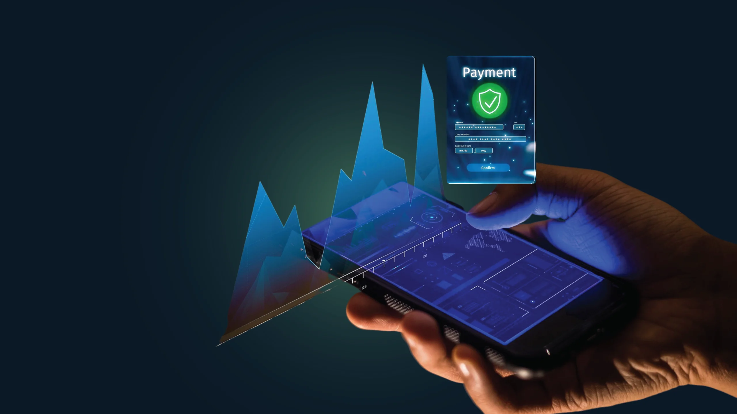 AI-powered mobile banking interface showing digital payment authentication with real-time financial analytics overlay.