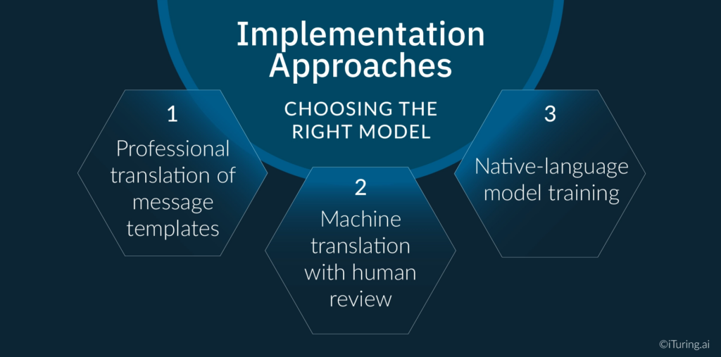Multilingual collections implementation approaches including professional translation, machine translation, and native AI model training
