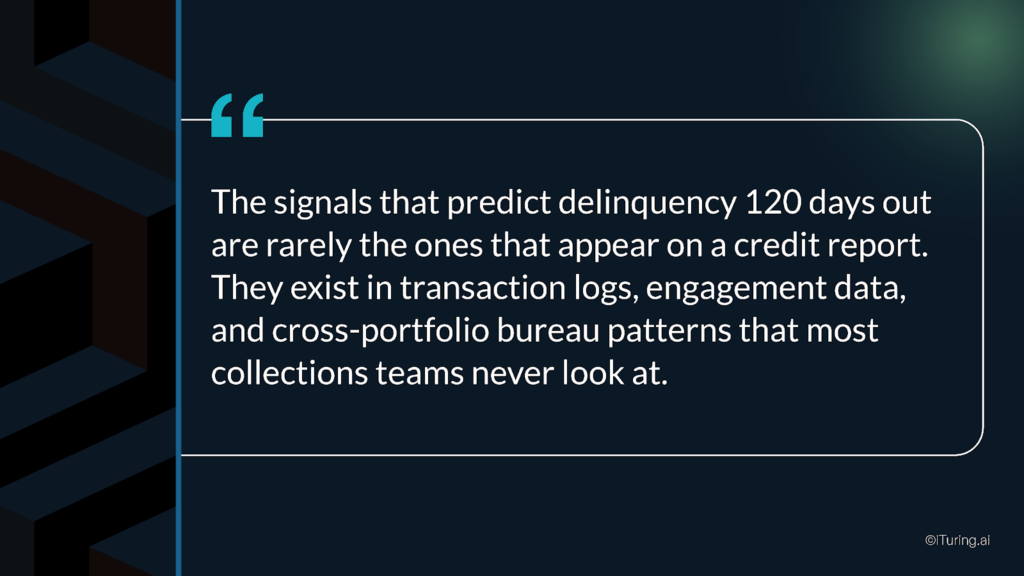 Insight explaining that delinquency prediction relies on behavioral, transactional, and engagement data—not just credit reports.