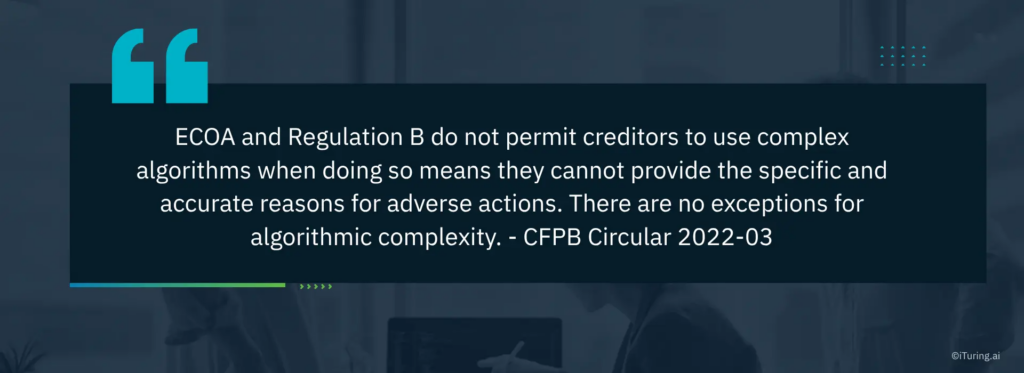 CFPB Circular 2022-03 quote stating that ECOA and Regulation B require creditors using AI and complex algorithms to provide specific and accurate adverse action reasons