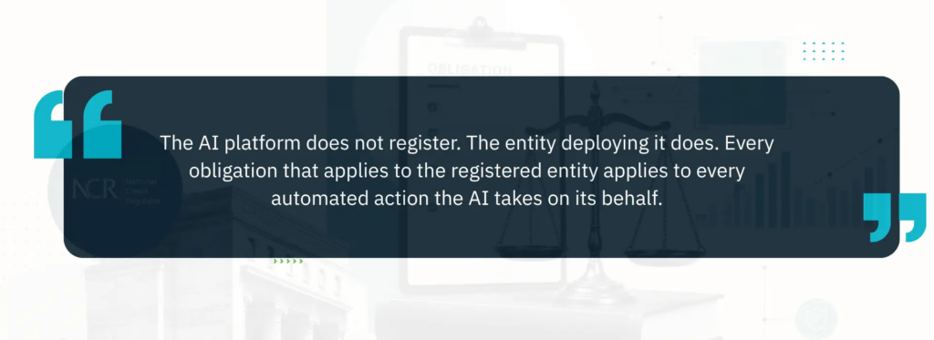 Quote graphic stating that AI platforms themselves do not register, but the deploying entity remains responsible for every automated action performed by the AI system