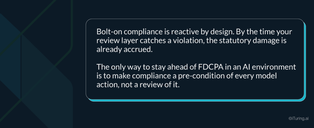 Compliance quote stating that AI collections compliance must be built into every model action proactively rather than applied as a reactive review layer