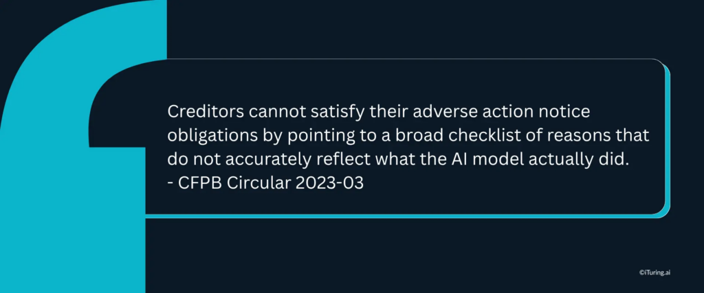 Quote graphic explaining that creditors cannot rely on generic adverse action notices that fail to reflect actual AI model decisions under CFPB Circular 2023-03