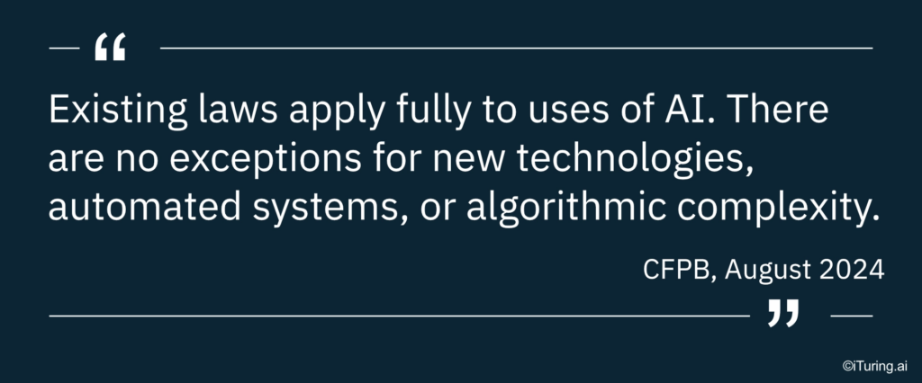 CFPB quote stating that existing laws fully apply to AI systems, automated technologies, and algorithmic complexity without exemptions