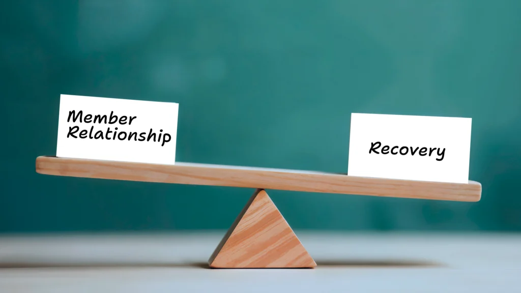 Illustration of AI-powered collections for credit unions, showing how predictive analytics helps balance member relationships and recovery outcomes through personalized treatment strategies, repayment support, and risk-based collections prioritization.