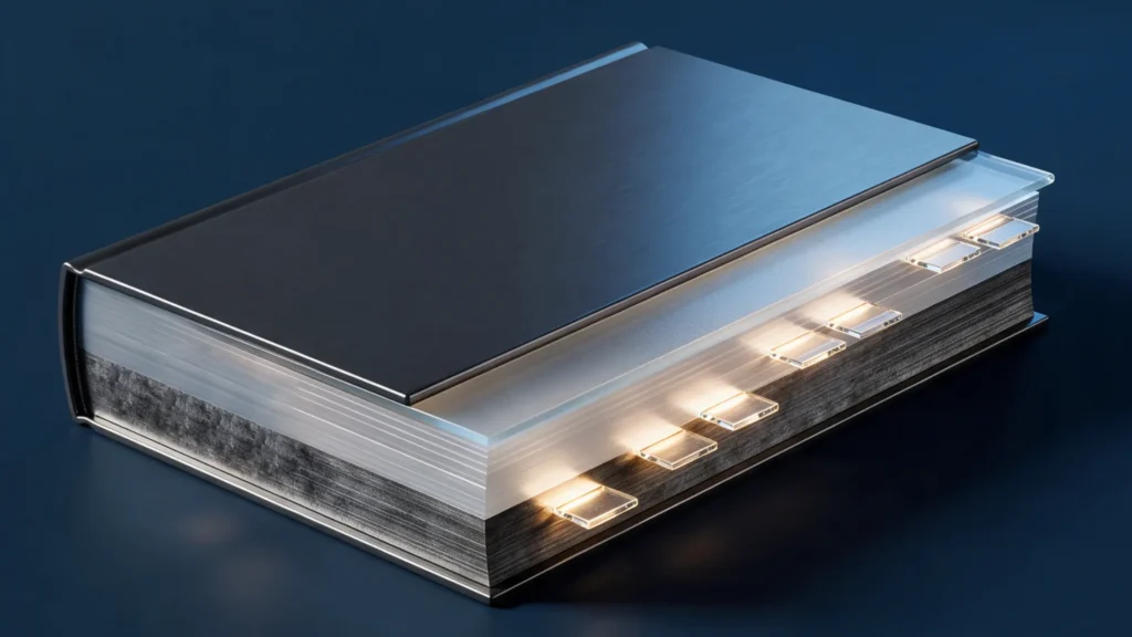 Conceptual image of a closed book with illuminated tabs, representing organized records, documentation, and accessible compliance information.