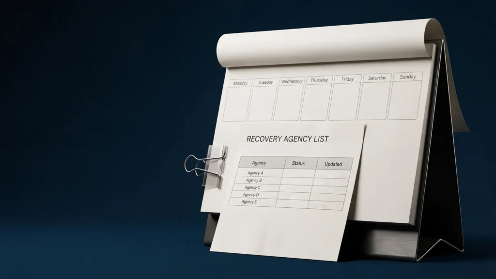 Calendar-style illustration of a recovery agency list, highlighting agency records, status tracking, and update management.