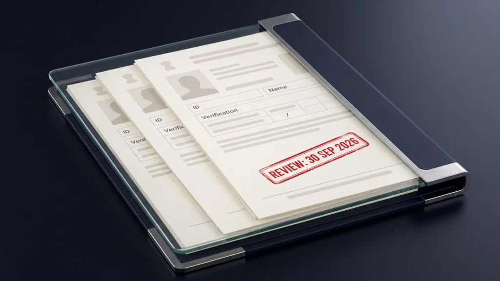 Visual representation of recovery agent due diligence records, showing identification and verification documents with a review deadline of September 30, 2026.