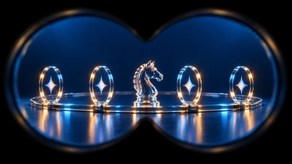 Conceptual illustration of model revalidation featuring a chess knight surrounded by four glowing symbols, representing validation triggers and ongoing model oversight.