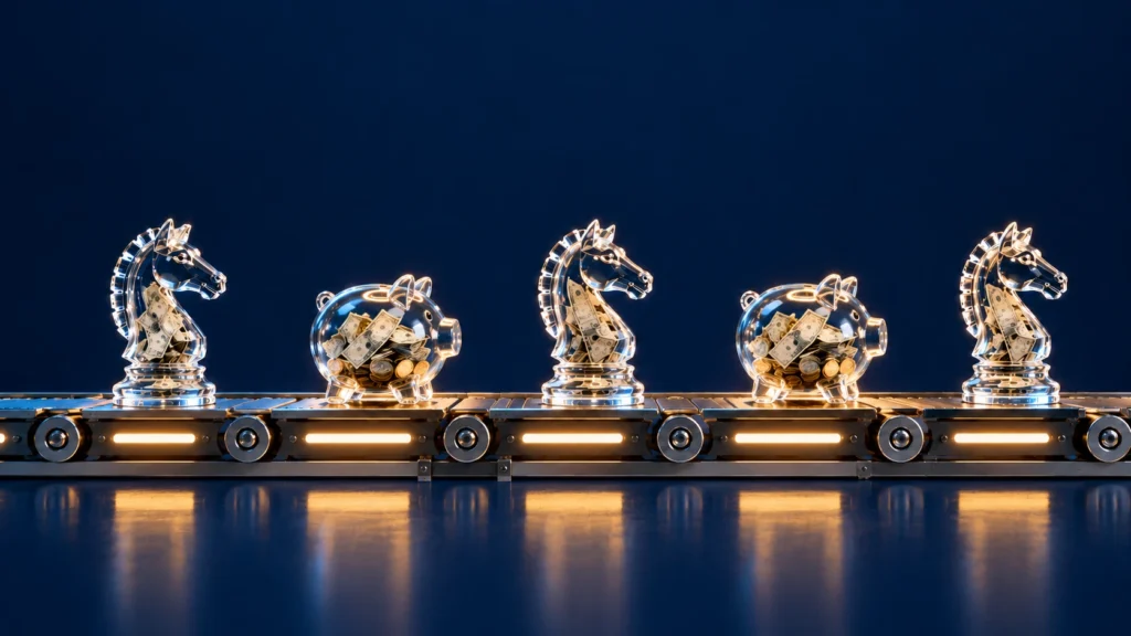 Conceptual illustration of financial model governance, featuring chess pieces and piggy banks on a conveyor belt to represent risk management and financial decision-making.