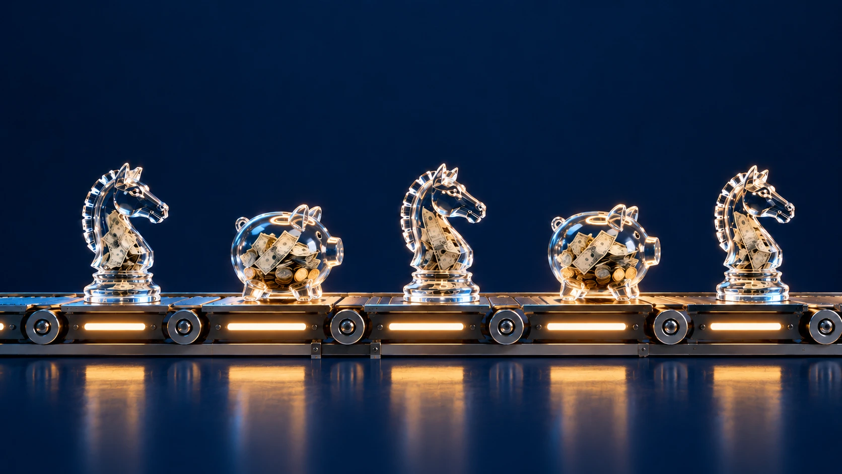 Conceptual illustration of financial model governance, featuring chess pieces and piggy banks on a conveyor belt to represent risk management and financial decision-making.