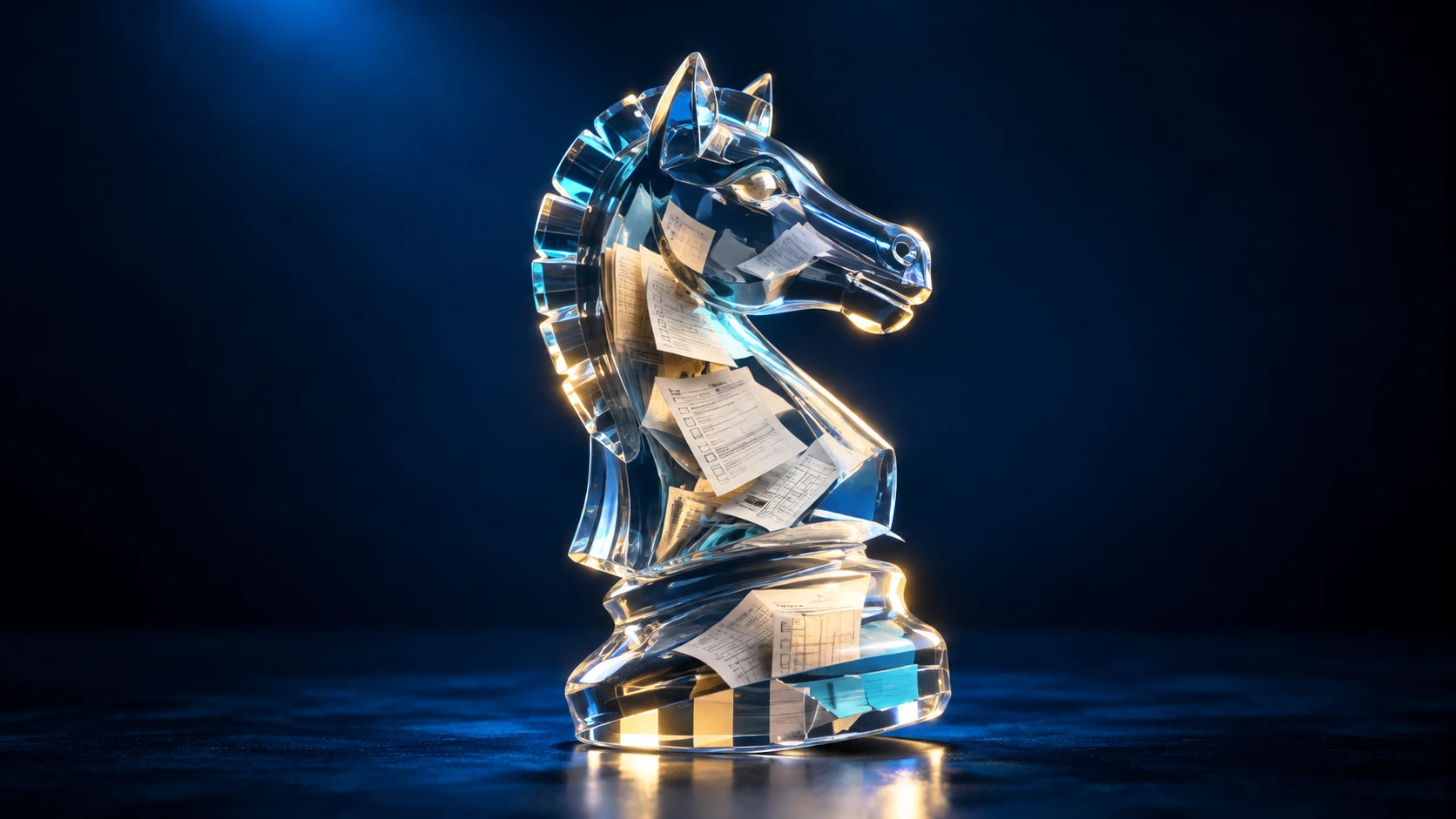 Glass chess knight filled with documents and compliance checklists, symbolizing model governance, risk assessment, and regulatory oversight in banking.