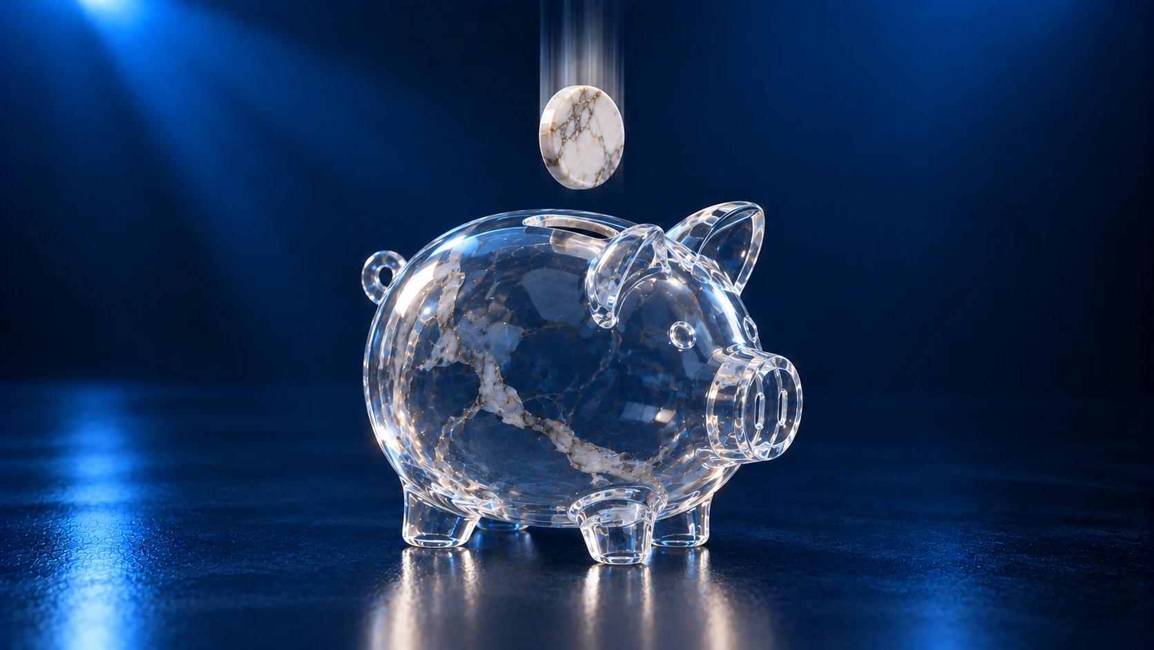 Transparent glass piggy bank with marble-like textures on a reflective blue surface, representing financial risk and model risk management.