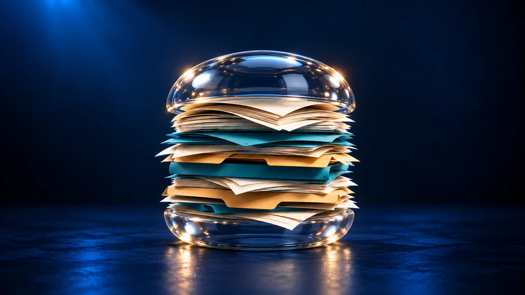 Abstract 3D illustration of stacked regulatory documents enclosed between transparent glass domes, representing regulatory requirements, documentation, and model governance.