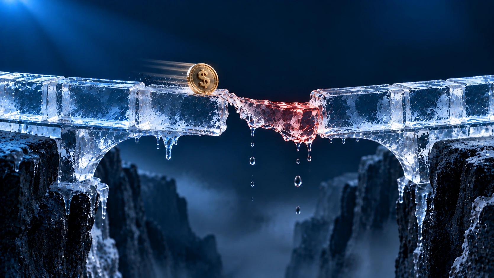 Conceptual illustration of a financial risk scenario showing a melting ice bridge with a falling coin, representing potential lending losses and credit risk.