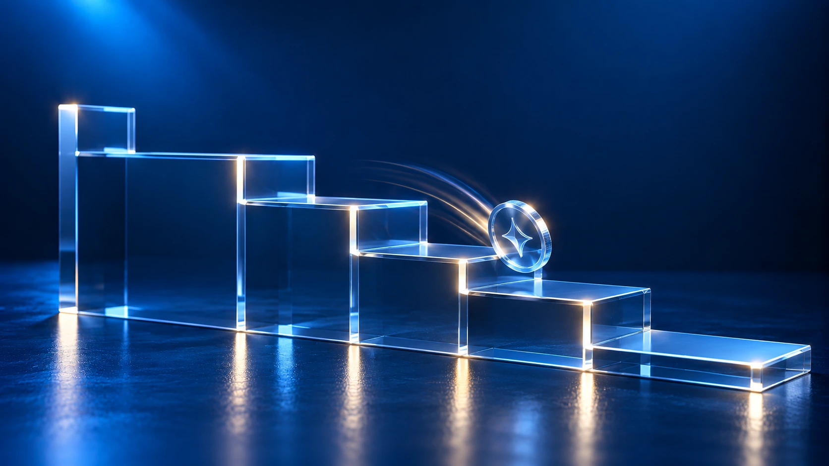 3D illustration of transparent glass steps and a glowing circular symbol, representing staged progress and controlled model deployment.