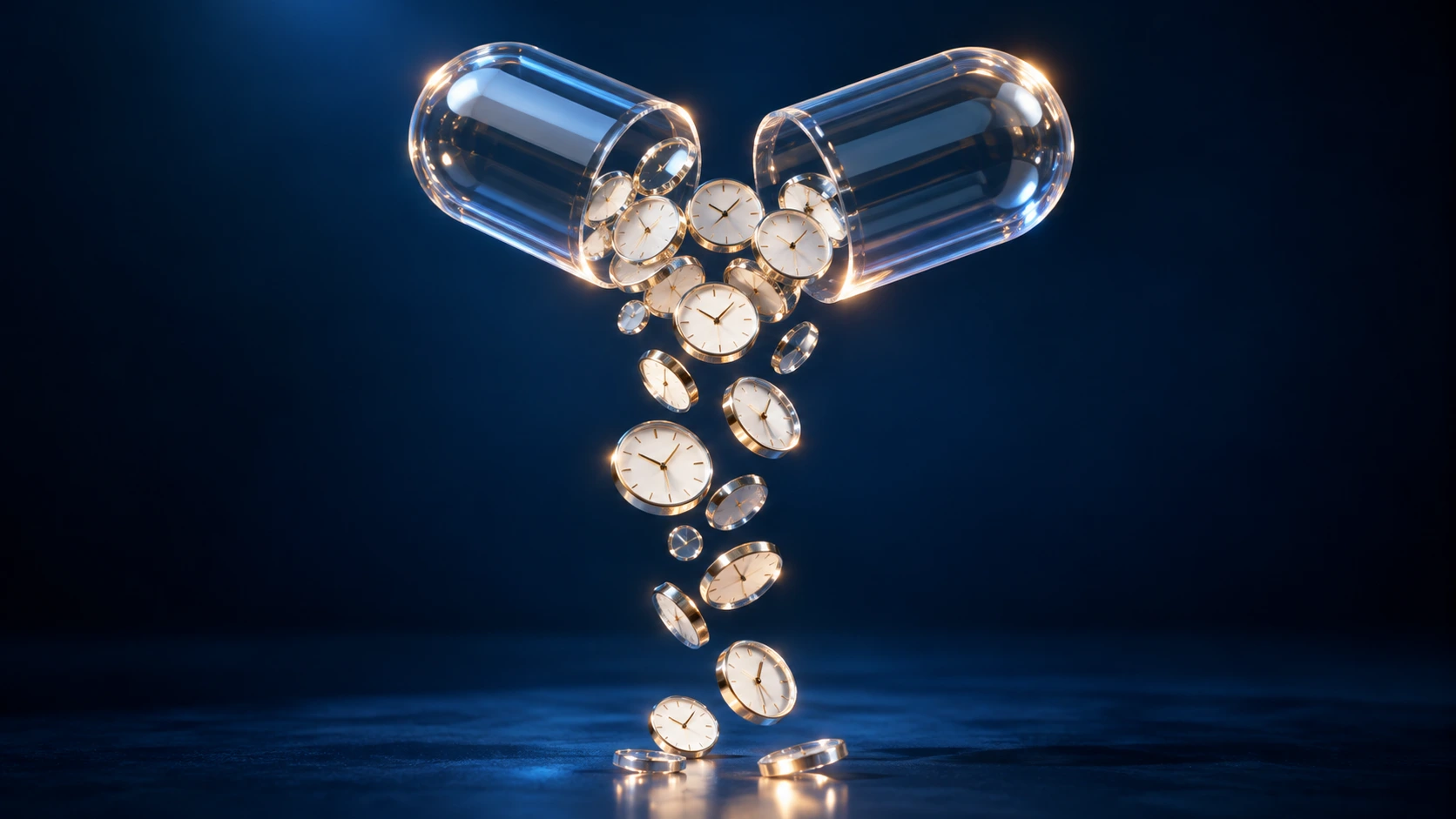Abstract glass capsules releasing floating clocks, symbolizing time-sensitive regulatory deadlines and compliance requirements.