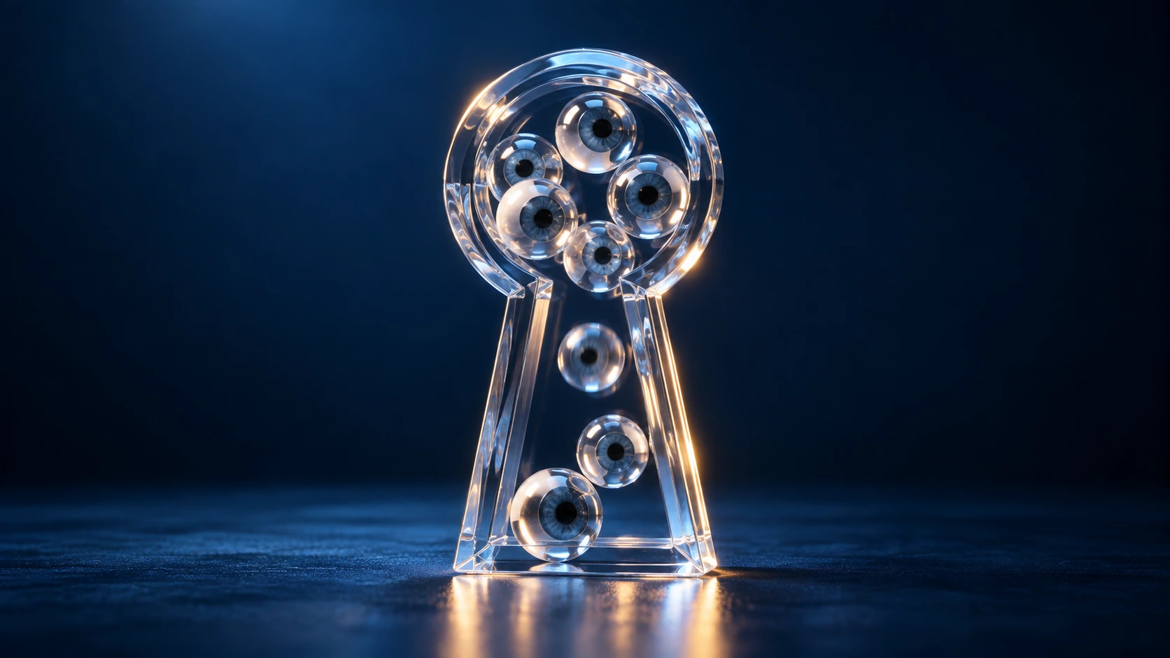 Abstract glass keyhole sculpture containing multiple eye-like elements, symbolizing device access, security, and OEM certification requirements.