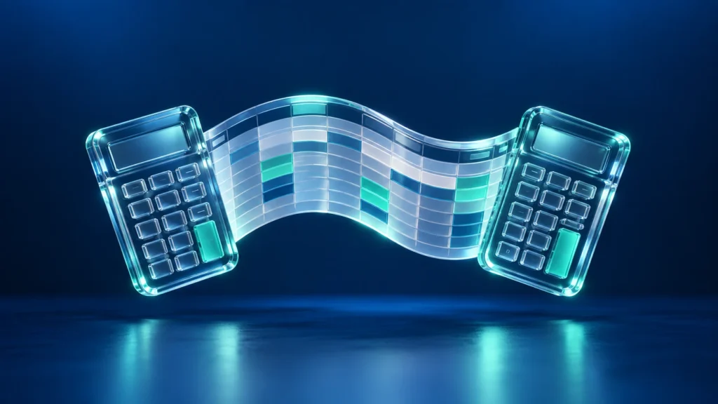 Futuristic illustration of two glowing calculators connected by a curved digital data grid, representing financial calculations and model-based decision-making.
