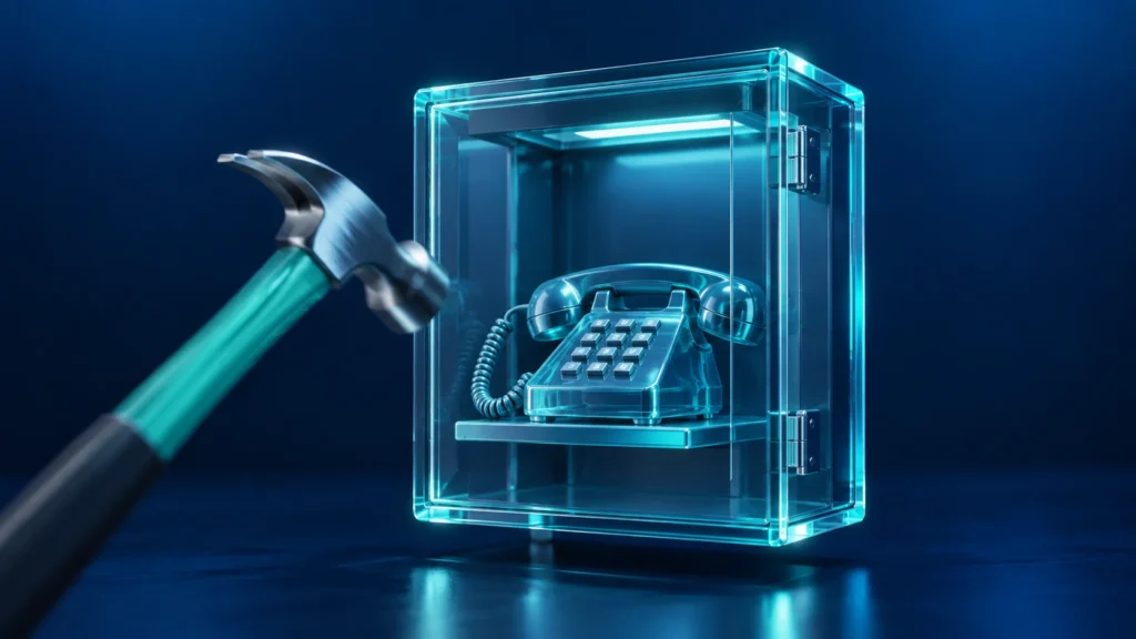 Conceptual illustration of a hammer approaching a transparent protective case containing a telephone, representing risks, safeguards, and governance challenges in model risk management.