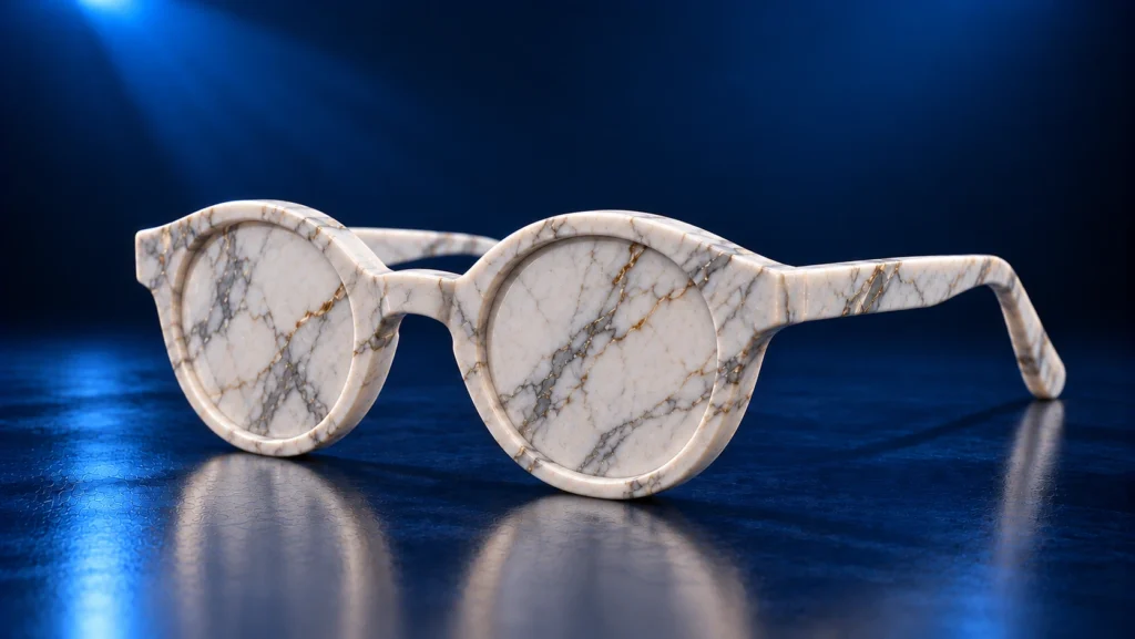 Marble-textured eyeglasses displayed on a reflective surface against a dark blue background, symbolizing human oversight and perspective in AI governance.
