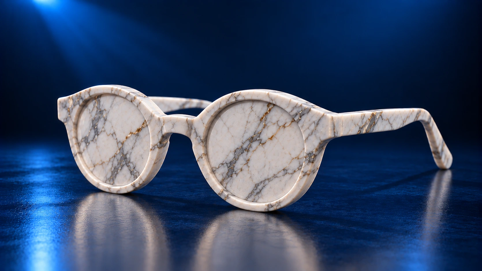 Marble-textured eyeglasses displayed on a reflective surface against a dark blue background, symbolizing human oversight and perspective in AI governance.