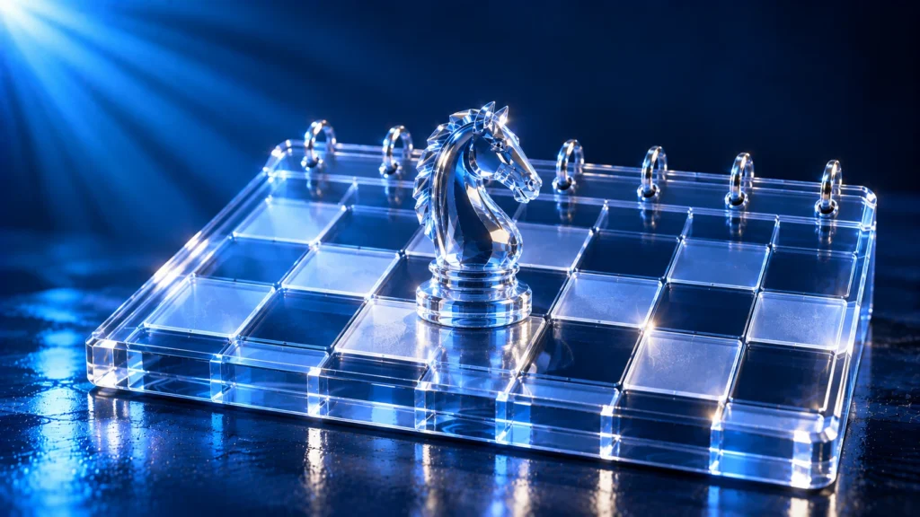Transparent chess knight on a glass chessboard under blue lighting, symbolising strategy, oversight, and accountability in recovery agency management.