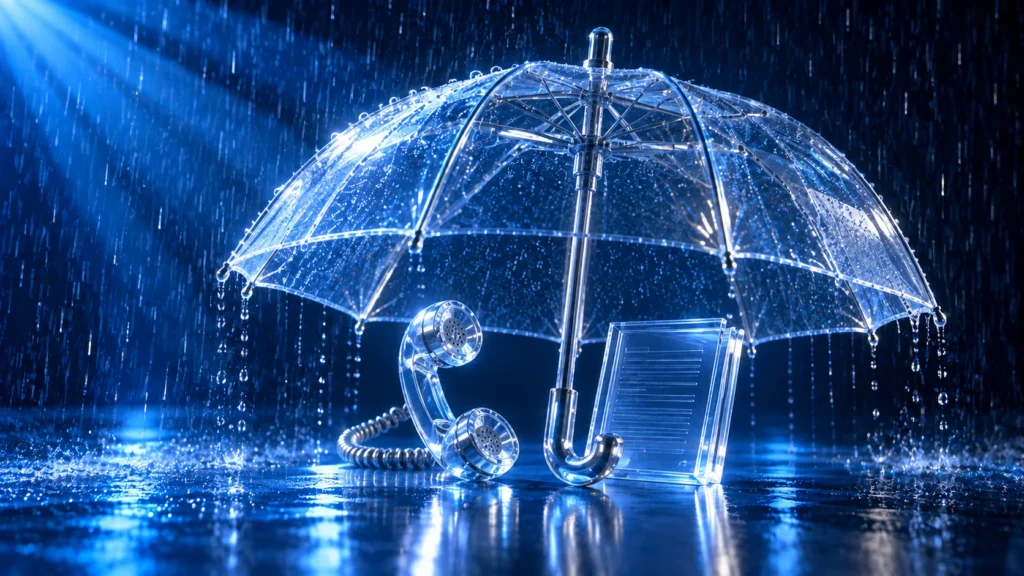 A transparent umbrella sheltering a telephone and document in heavy rain, symbolising protection, responsible borrower communication, and compliance with recovery call requirements.