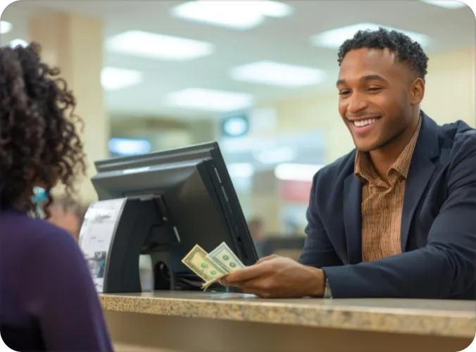 A confident businessman in a suit smiles while using his smartphone at a self-service kiosk, likely at an airport or modern financial service terminal