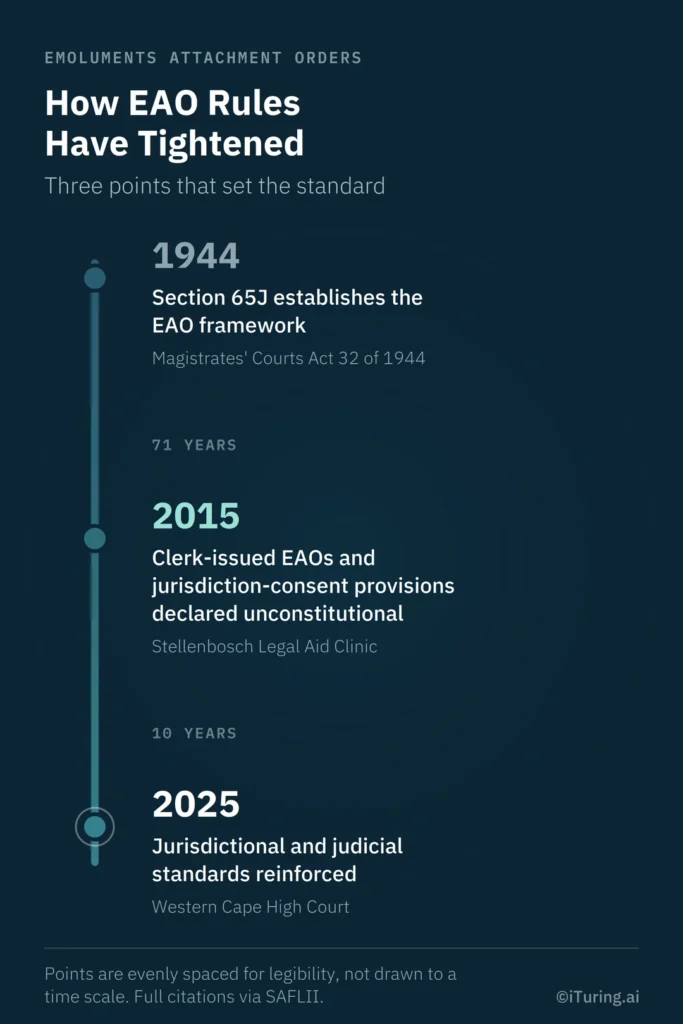 Timeline showing how South Africa’s emolument attachment order rules evolved from 1944 to 2025, with key legal and judicial standards.