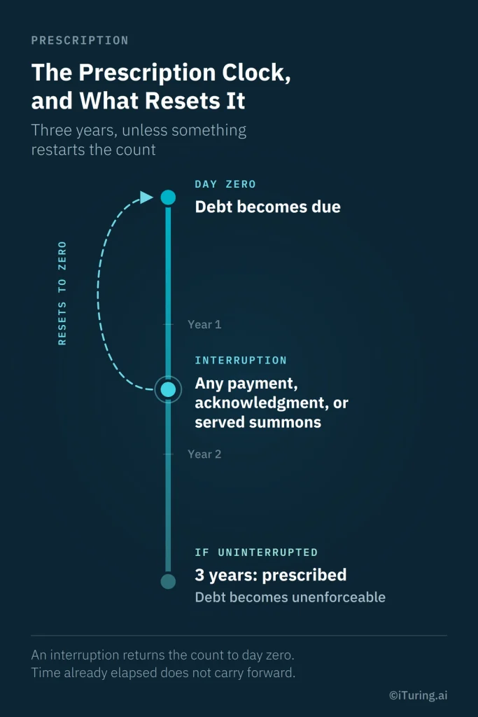 The prescription clock for debt, showing a three-year period and events that can reset the count, including payment, acknowledgment, or served summons.